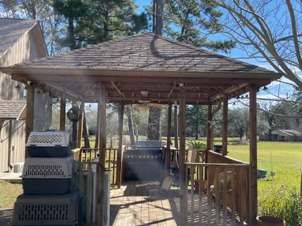 an outdoor space with seating