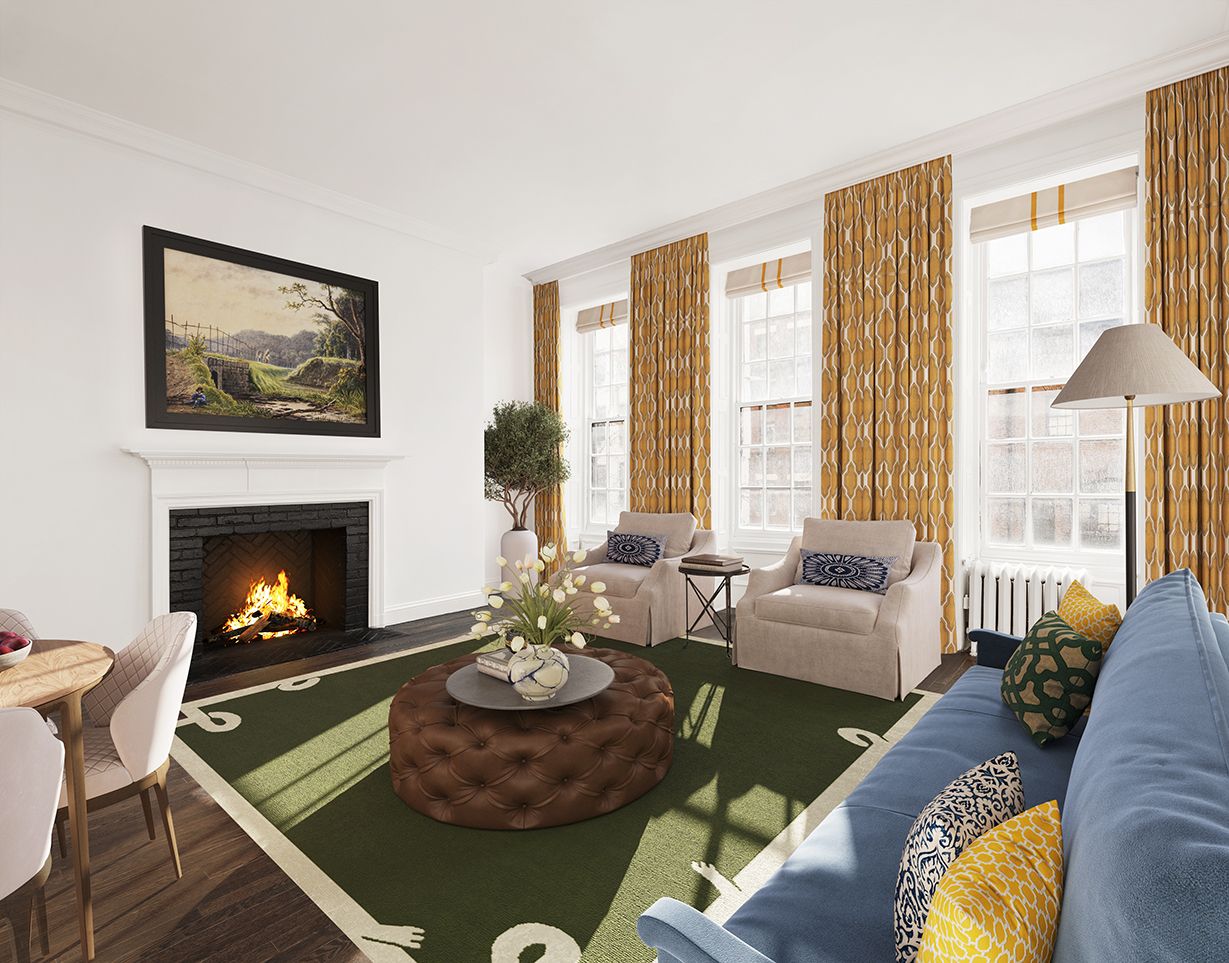 a living room with furniture and a fireplace