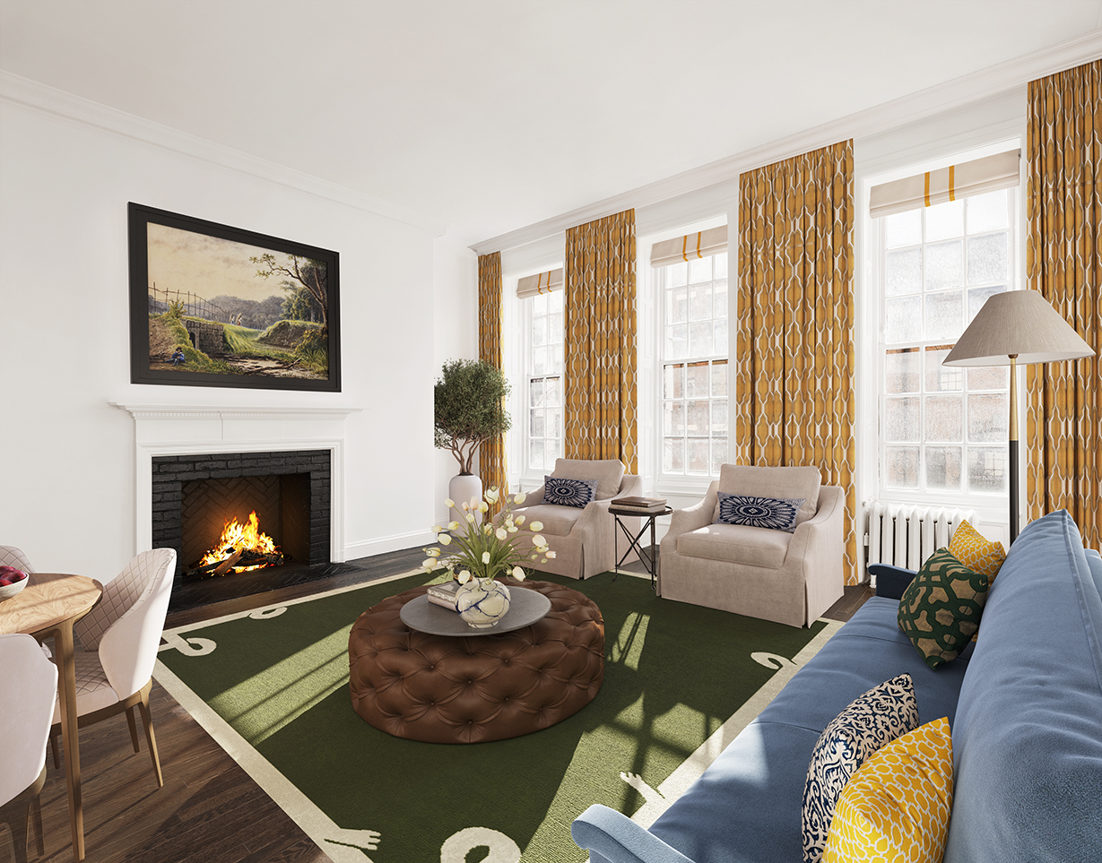 a living room with furniture and a fireplace