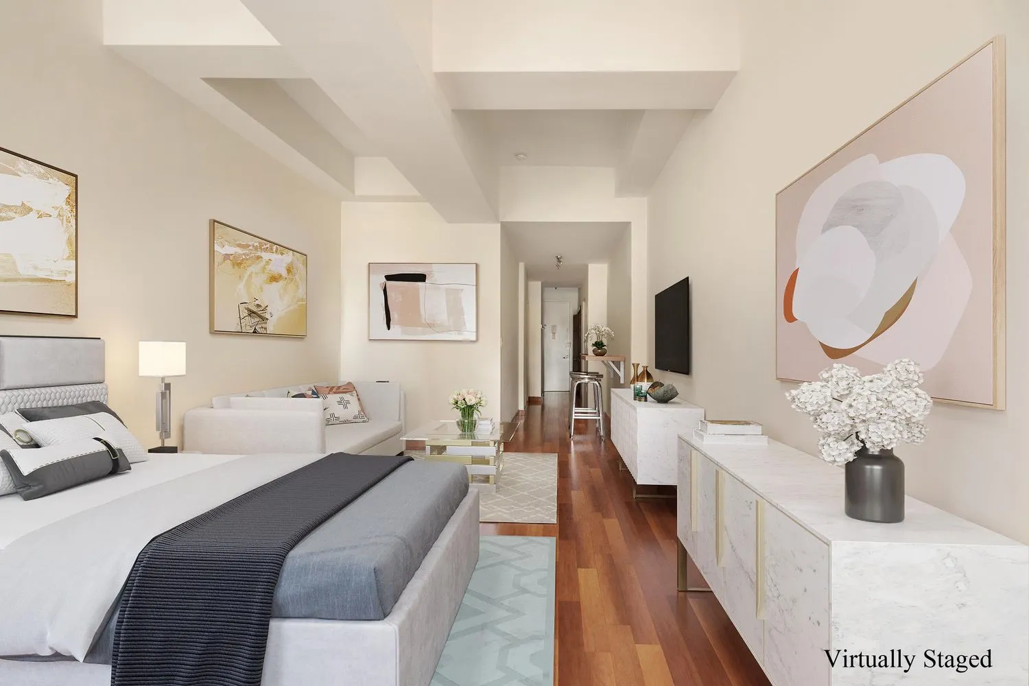 a bed room with a bed mirror and a dresser