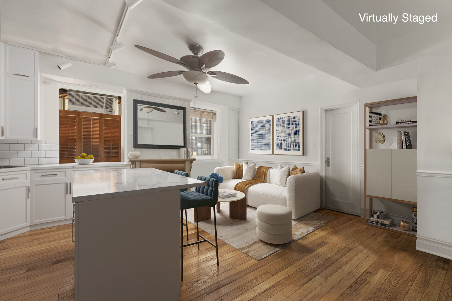 400 Riverside Drive, Unit K Manhattan, NY 10025 - Photo 3 of 22 a living room with furniture a large window wooden floor and a ceiling fan