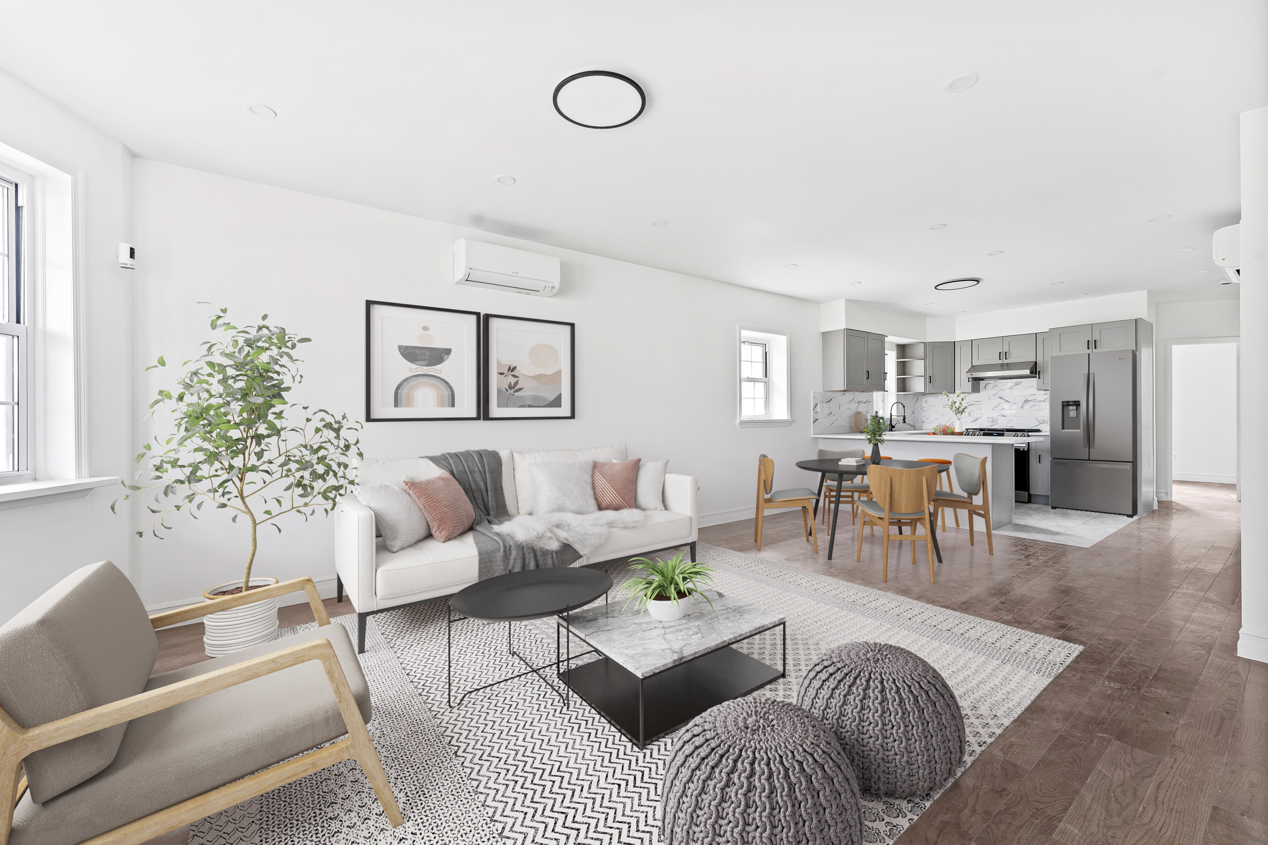a living room with furniture and a table