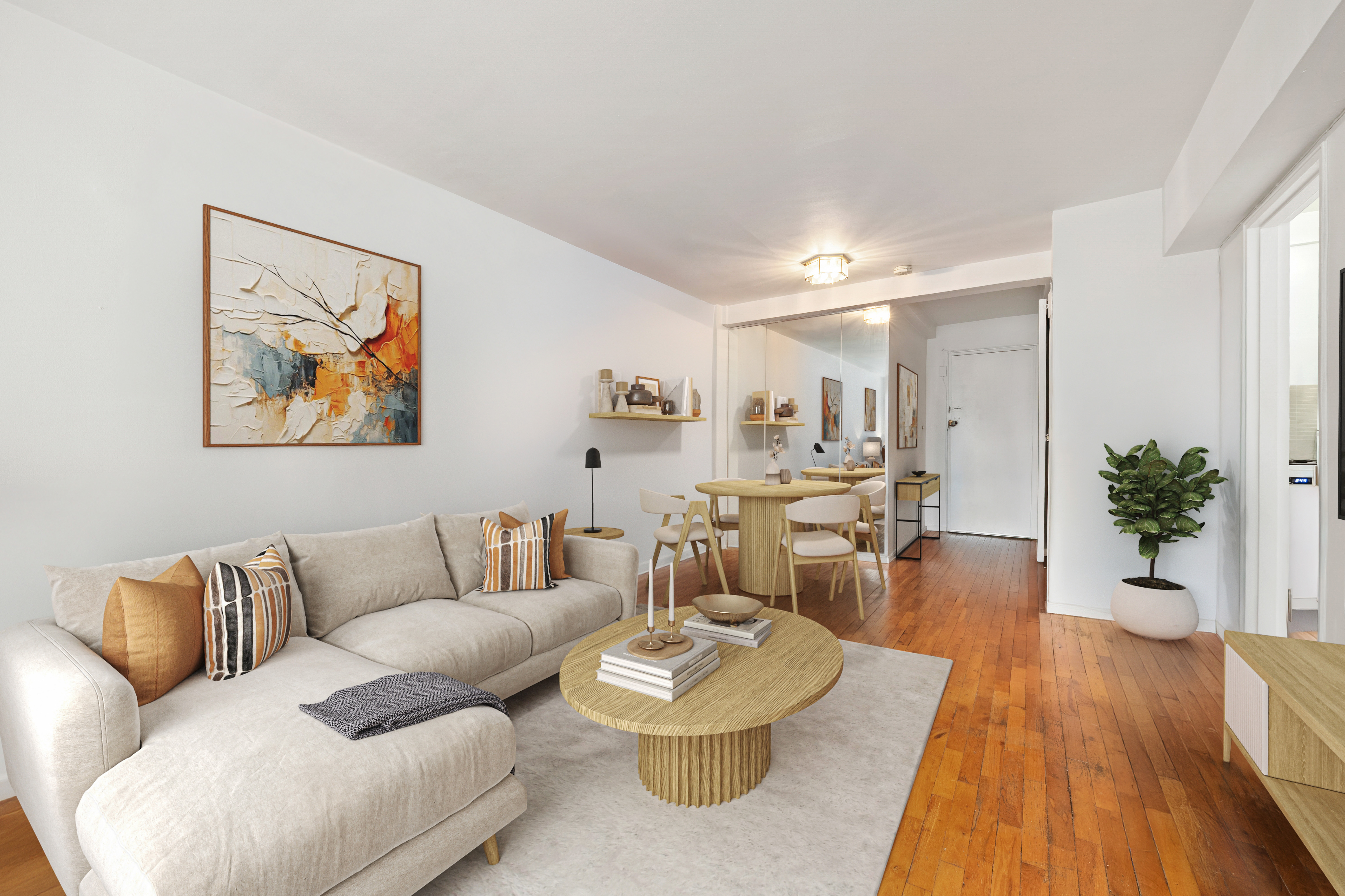408 West 57th Street, Unit 3A Manhattan, NY 10019 - Photo 3 of 11 a living room with furniture and wooden floor