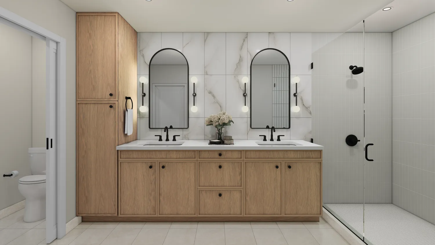 a bathroom with a double vanity sink and mirror with toilet