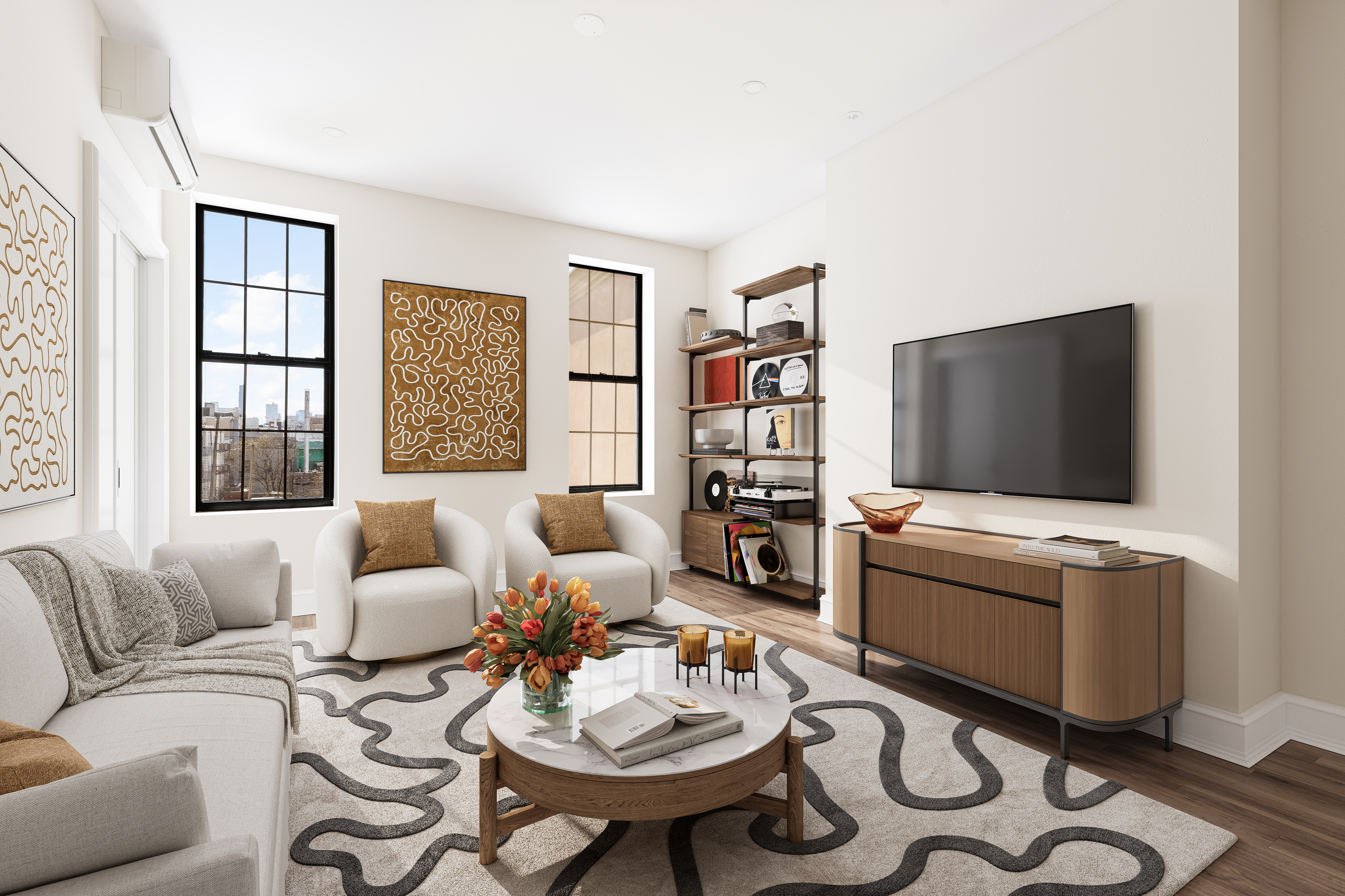 152 North 10th Street, Unit 2A Brooklyn, NY 11249 - Photo 2 of 16 a living room with furniture and a flat screen tv