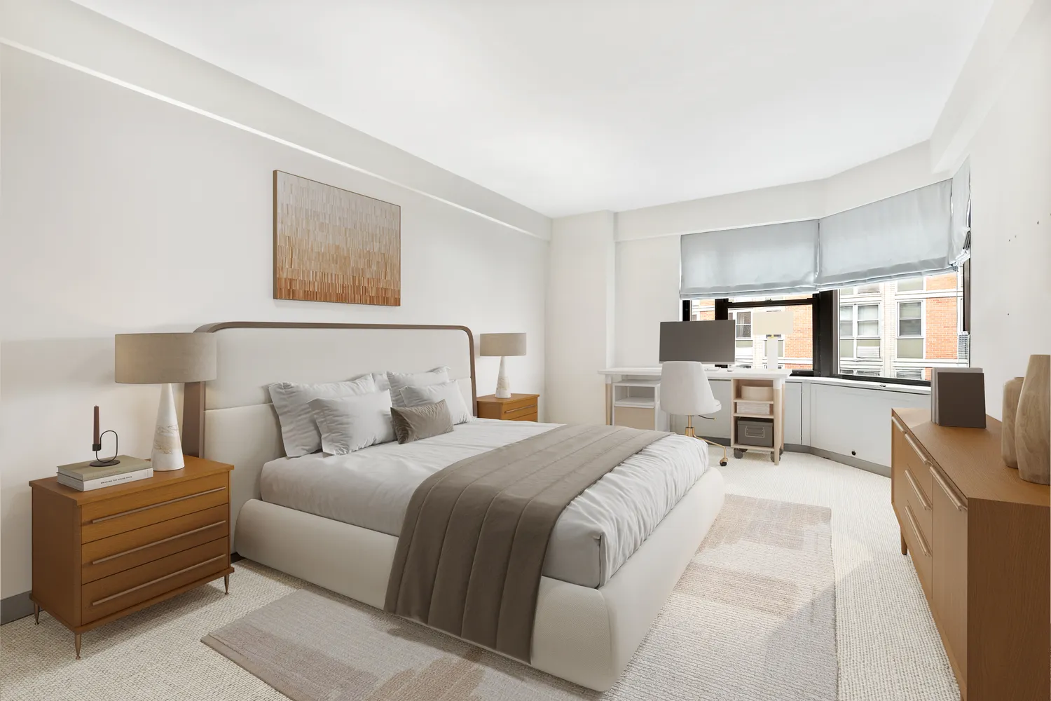 a bedroom with a bed and a view of kitchen