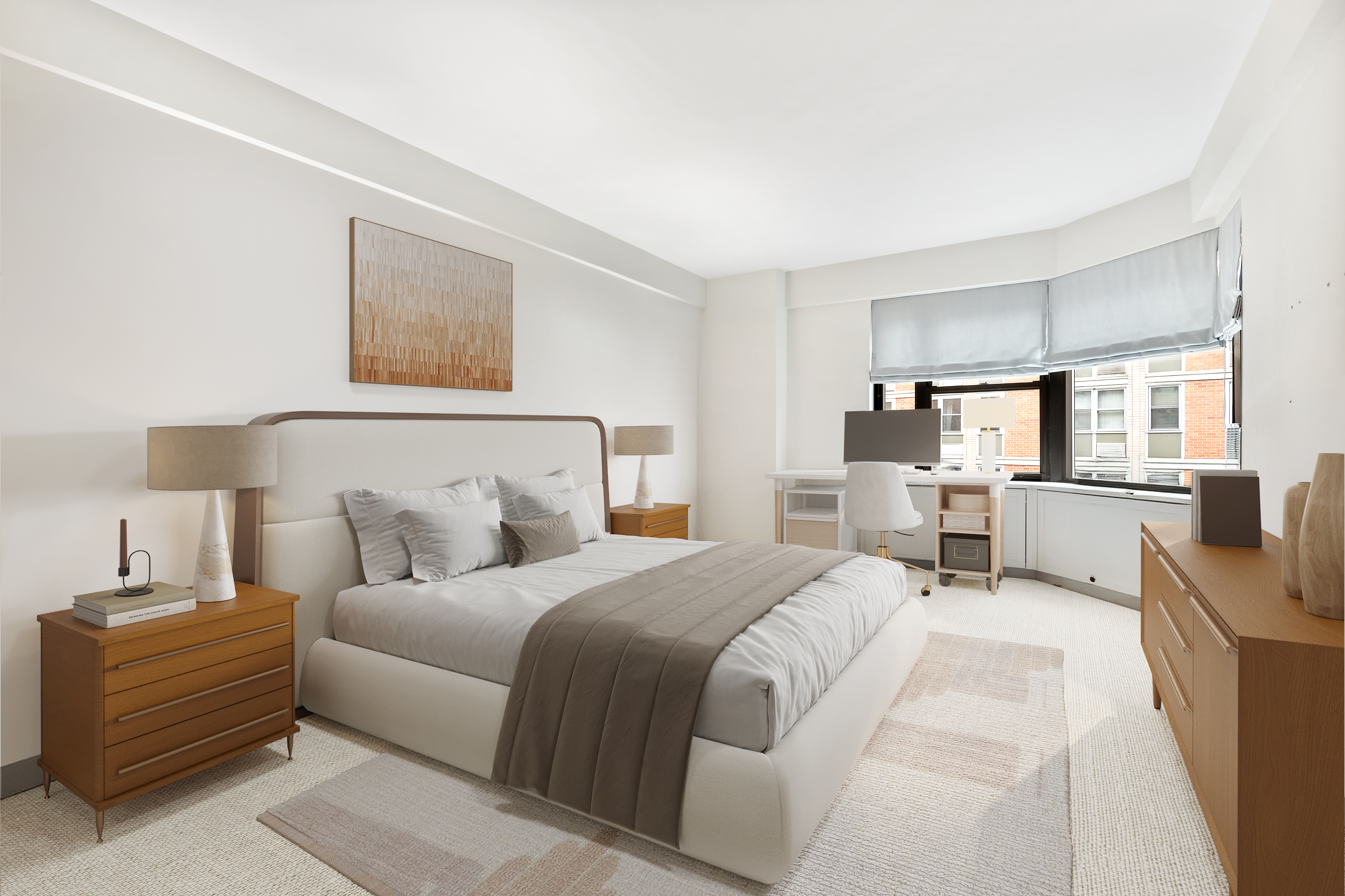 440 East 56th Street, Unit 8C Manhattan, NY 10022 - Photo 3 of 14 a bedroom with a bed and a view of kitchen