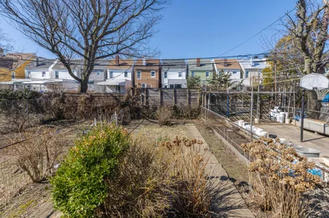 a view of a yard with plants and trees