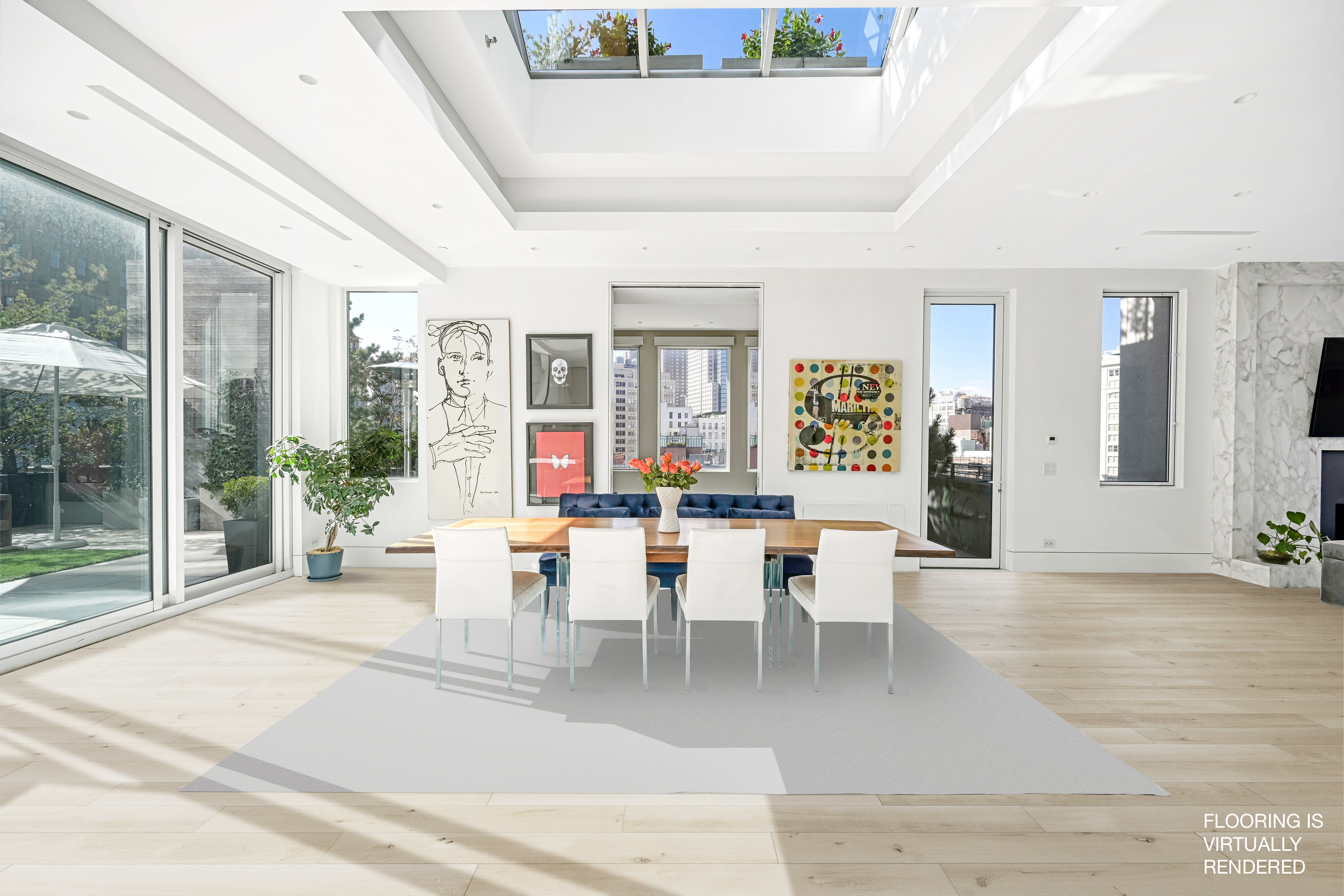 53 Leonard Street, Unit PH Manhattan, NY 10013 - Photo 1 of 24 a dining room with wooden floor and large windows