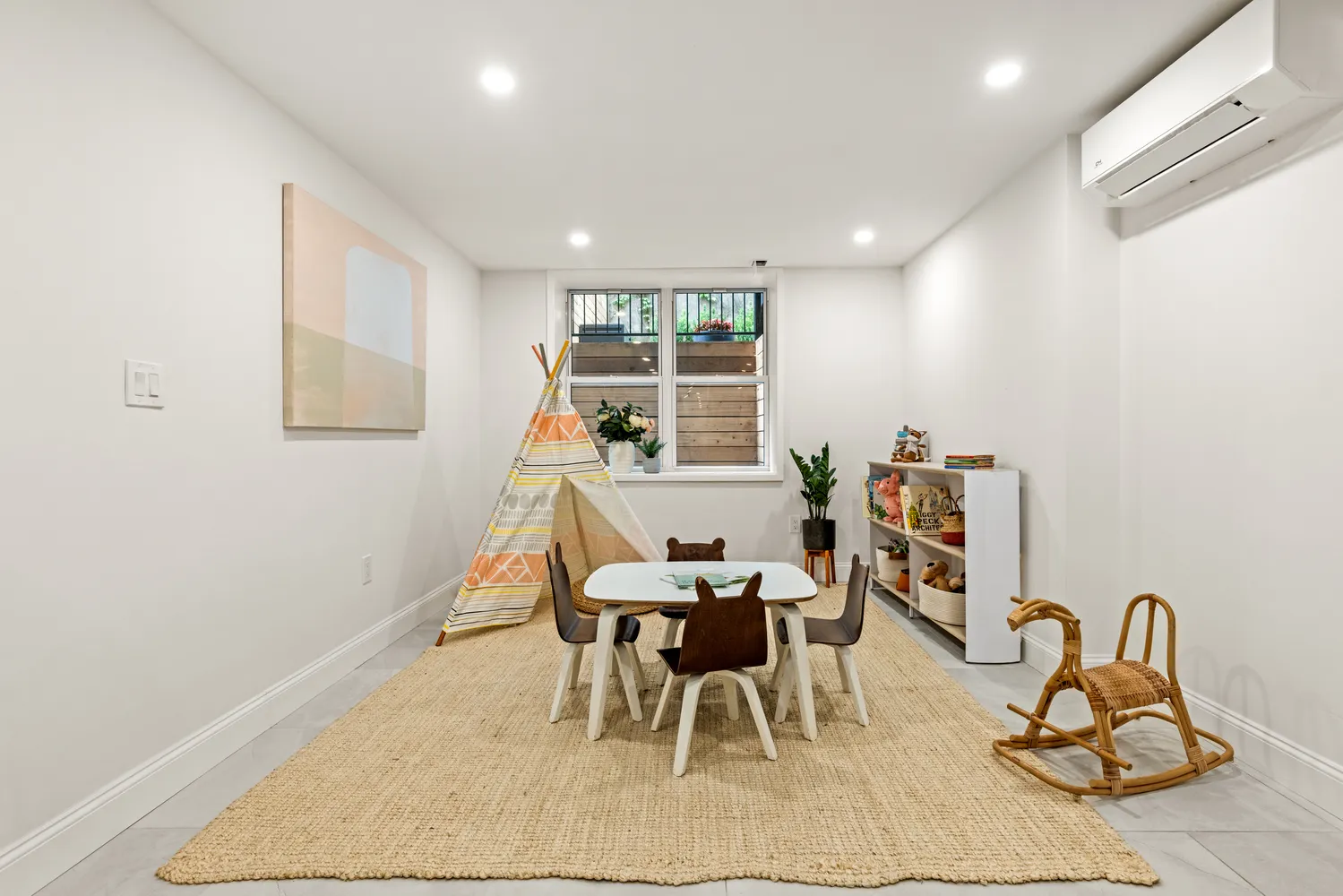 a view of a dining room with furniture