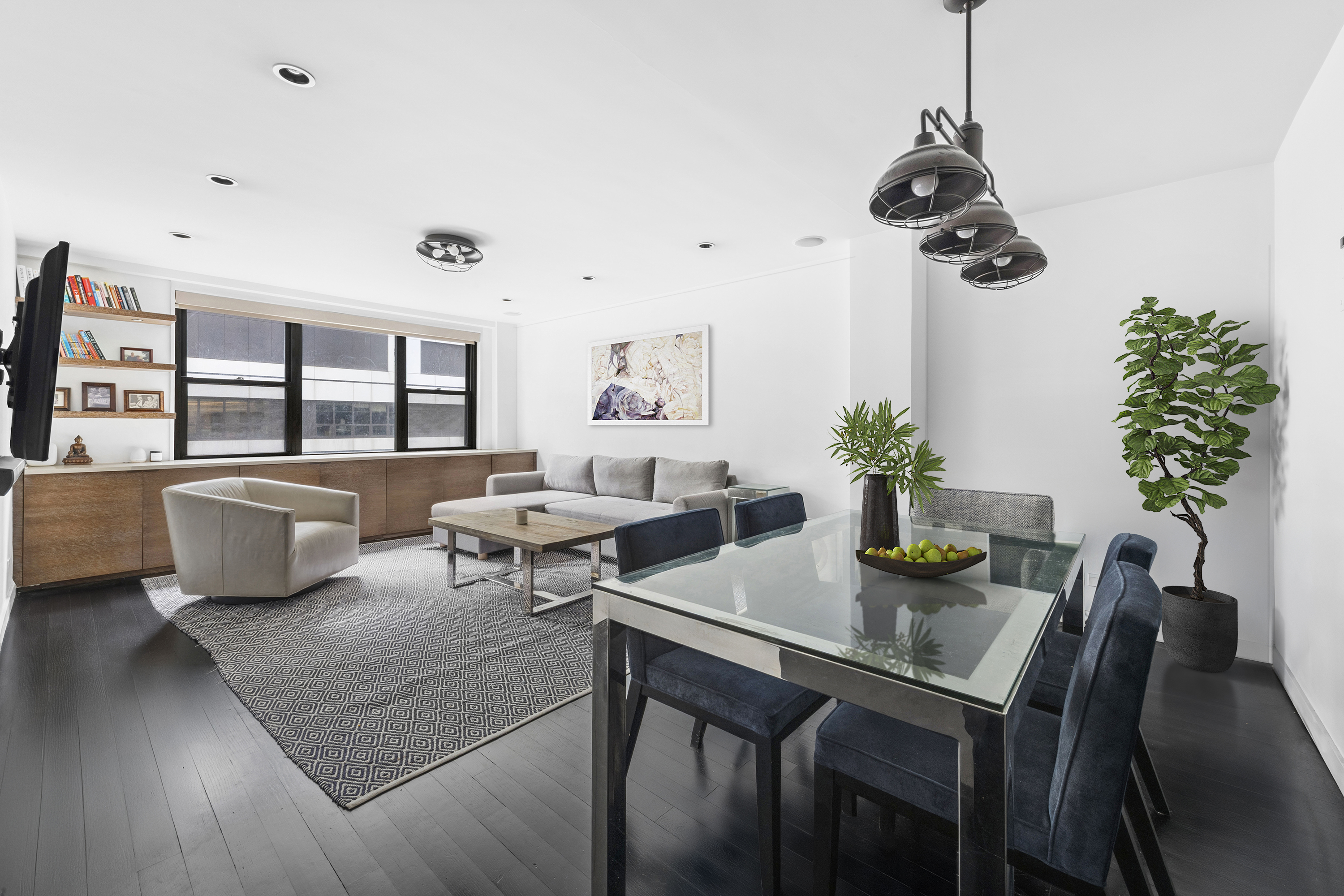 a living room with furniture potted plant and window