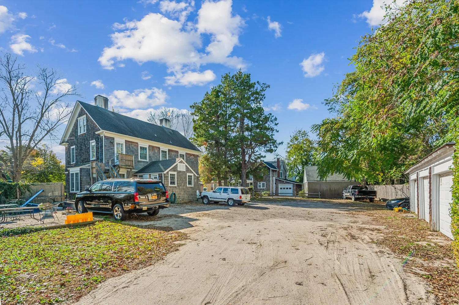 a view of a brick building with many windows