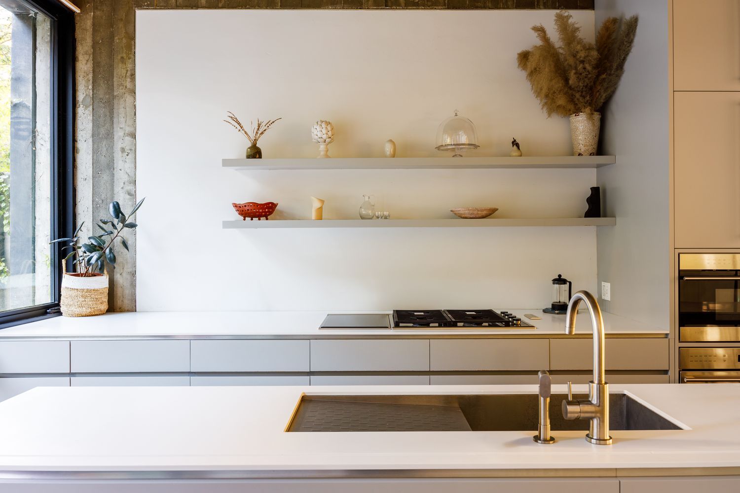 a close view of kitchen countertops with cabinets