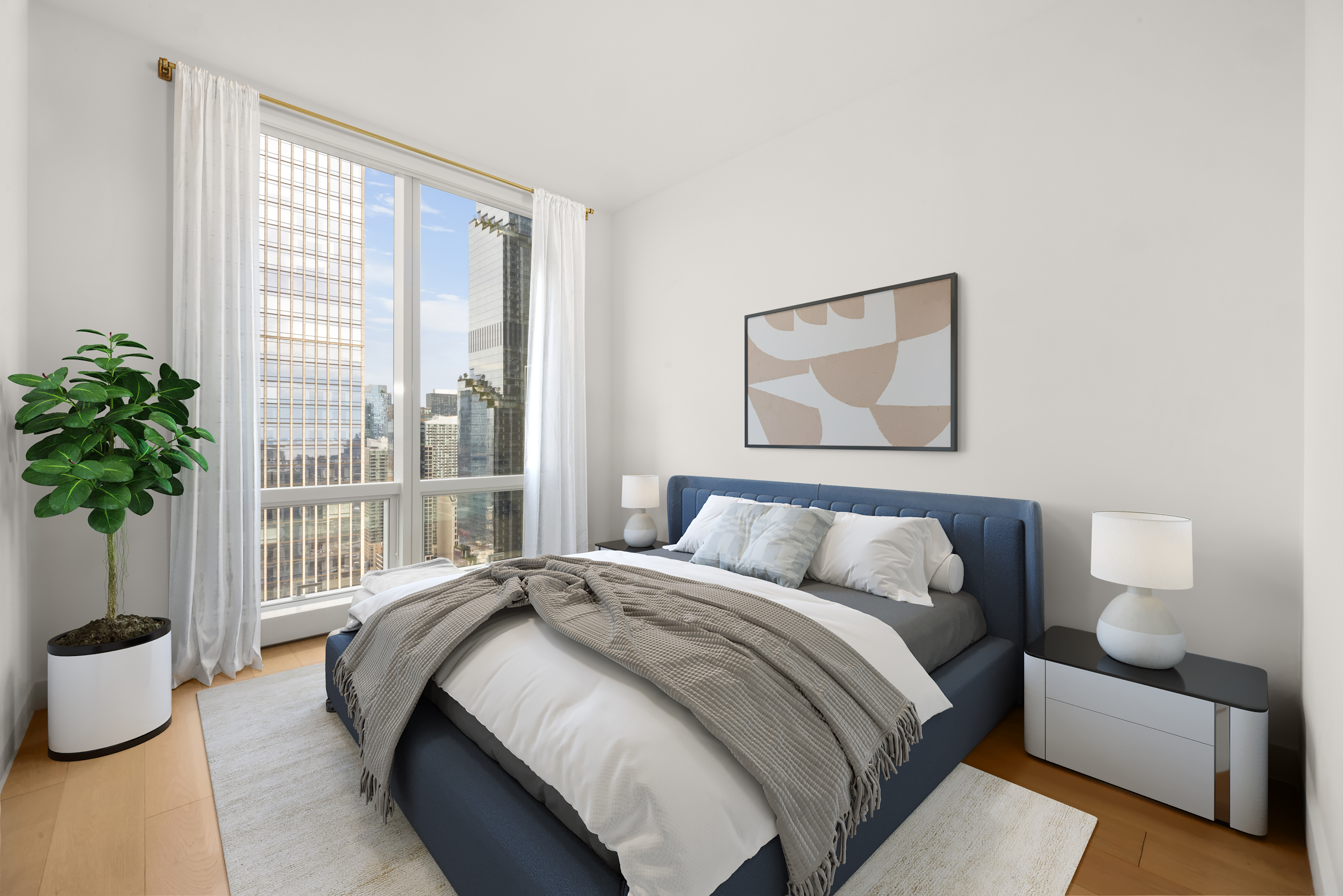 15 Hudson Yards, Unit 37G Manhattan, NY 10001 - Photo 8 of 24 a bedroom with a large bed and a potted plant