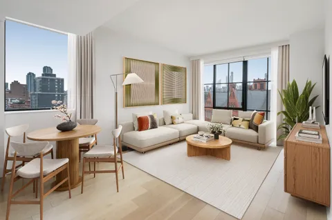a living room with furniture and a potted plant