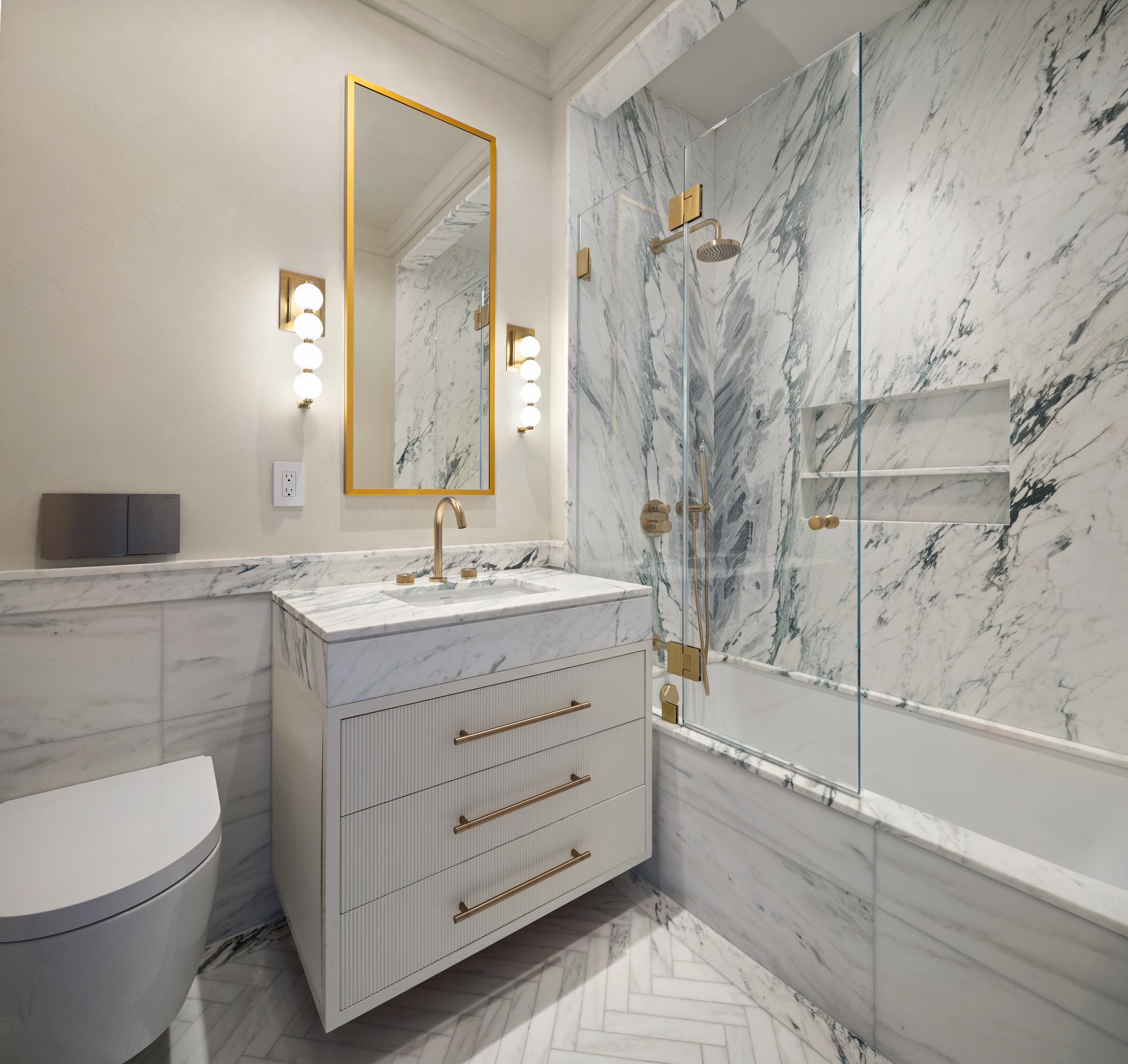 30 Front Street, Unit 25A Brooklyn, NY 11201 - Photo 26 of 45 a bathroom with a double vanity sink toilet and shower