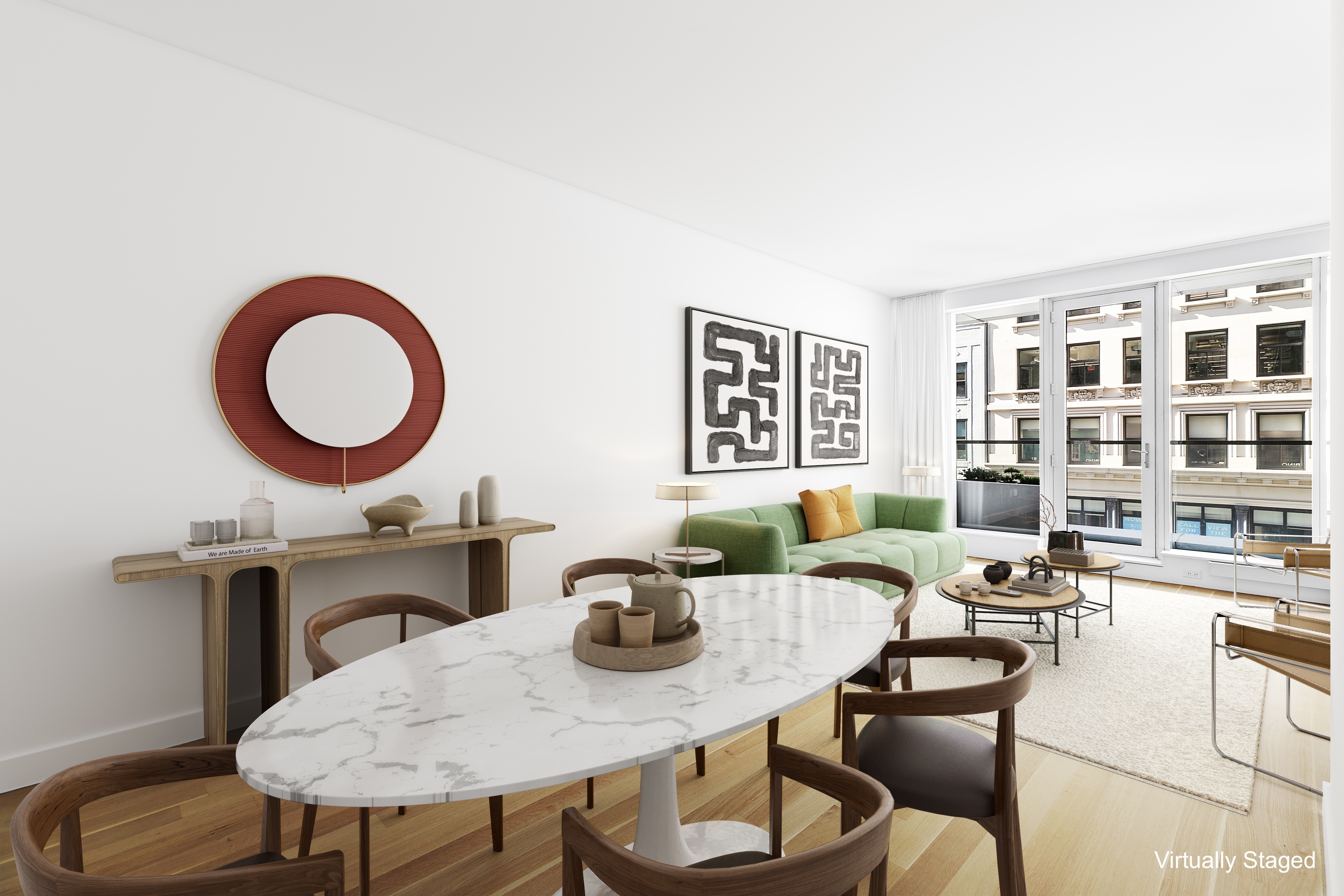 a view of a dining room with furniture and a table