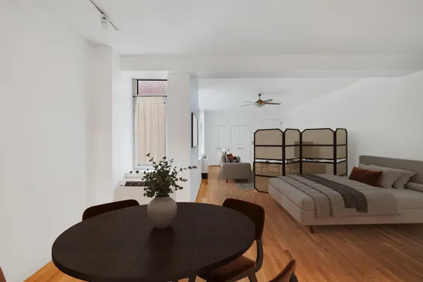 a living room with furniture and a potted plant