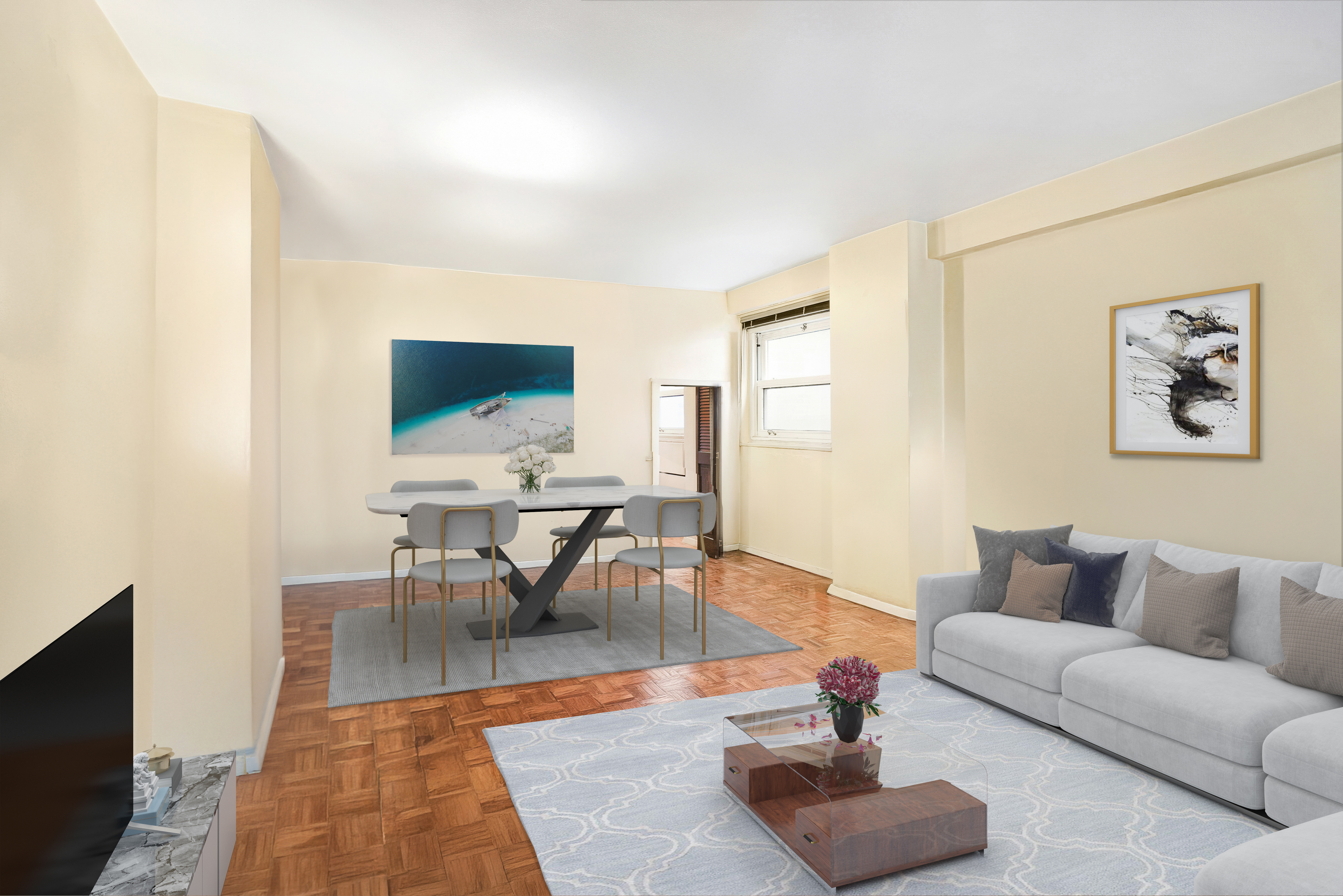 142 East 16th Street, Unit 7G Manhattan, NY 10003 - Photo 2 of 9 a living room with furniture a rug and a flat screen tv