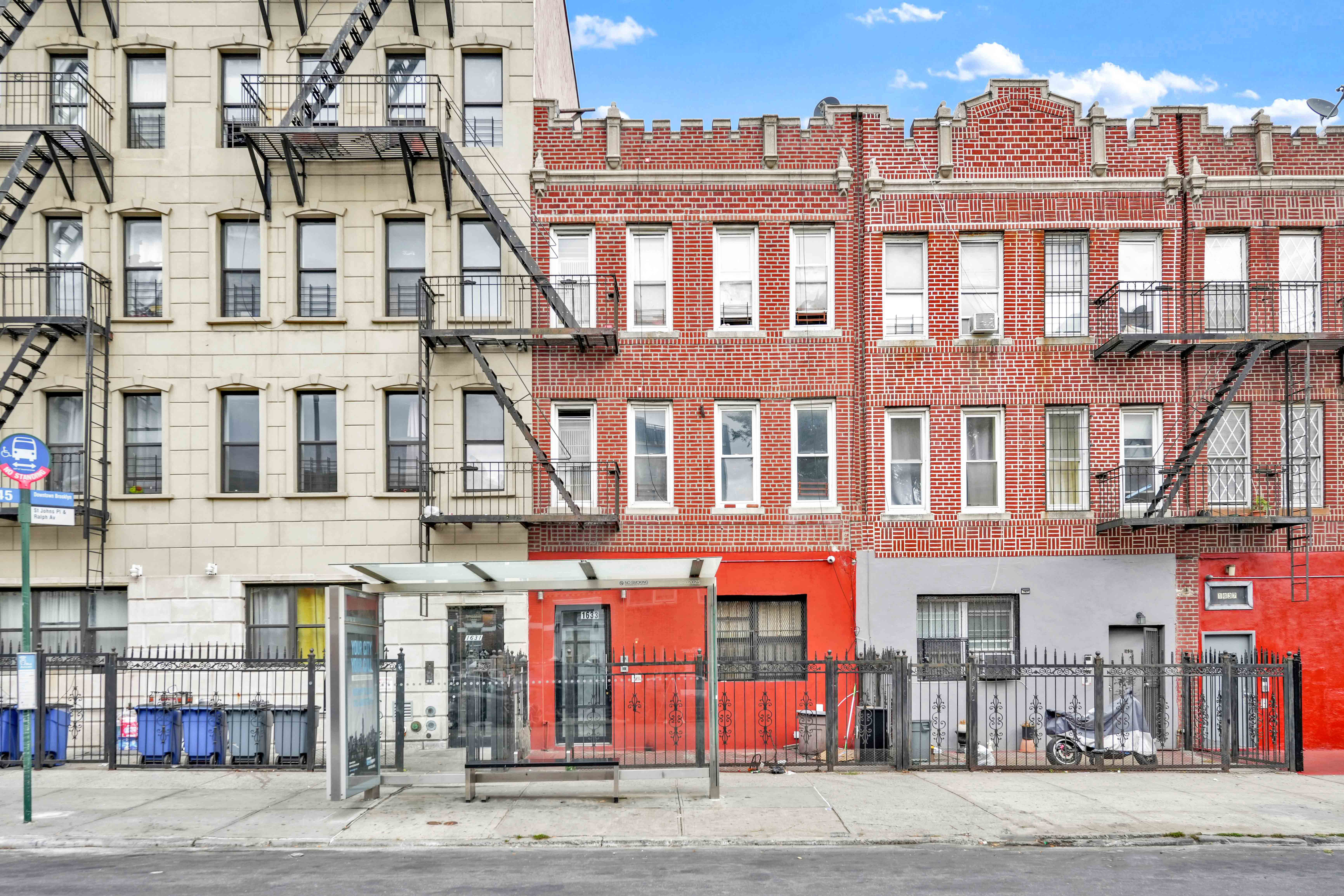 a front view of a brick building