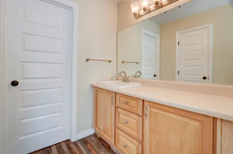 a bathroom with a sink and a mirror