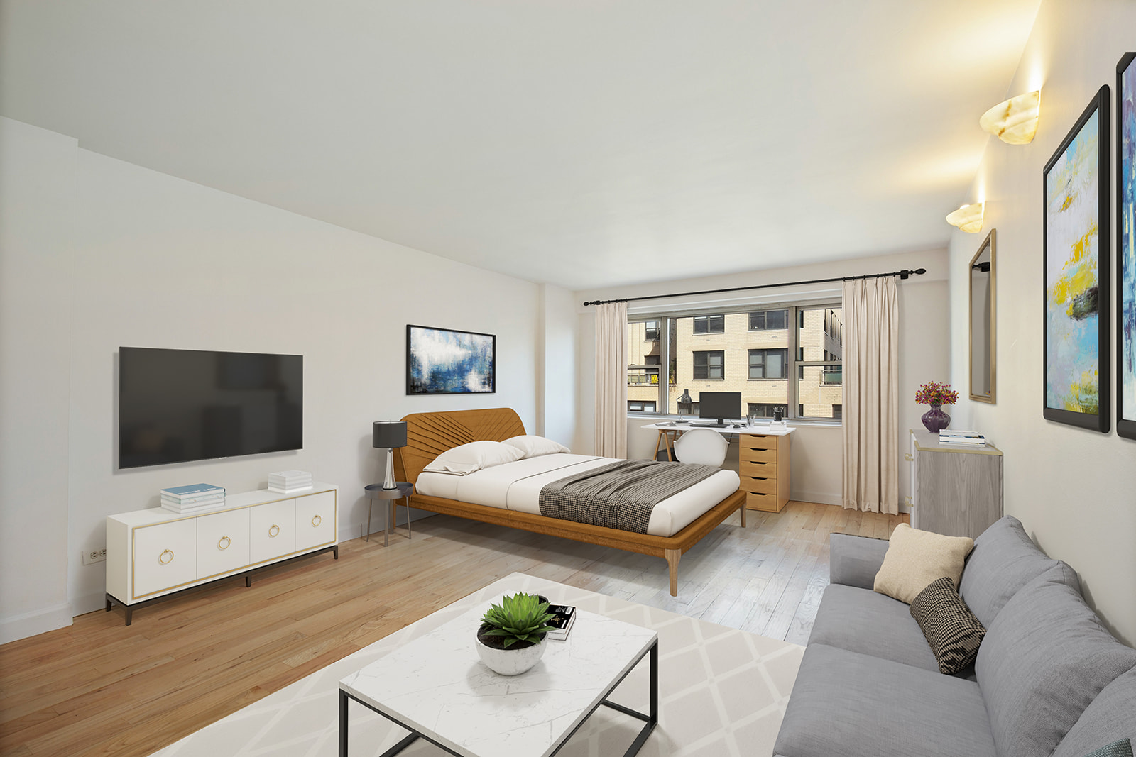 330 East 49th Street, Unit 11G Manhattan, NY 10017 - Photo 4 of 9 a living room with furniture and a flat screen tv