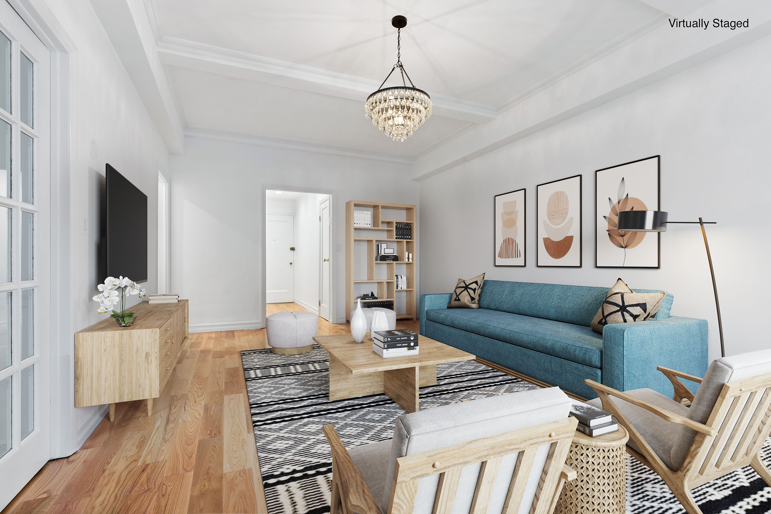 150 East 49th Street, Unit 8B Manhattan, NY 10017 - Photo 2 of 8 a living room with furniture a couch and a chandelier