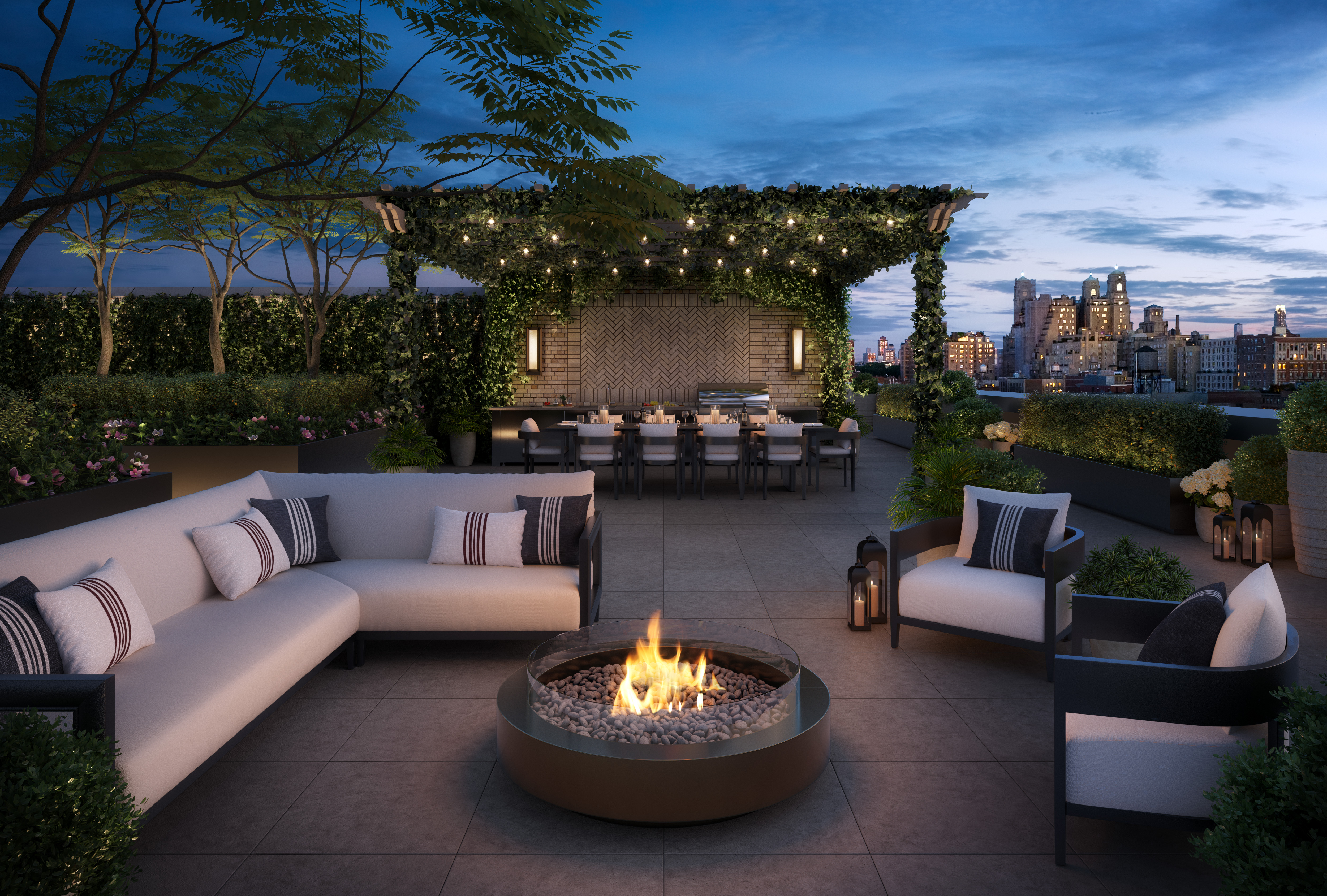 211 West 84th Street, Unit 3B Manhattan, NY 10024 - Photo 15 of 28 a view of a patio with couches and a fire pit and a fire pit with the couches near an umbrella