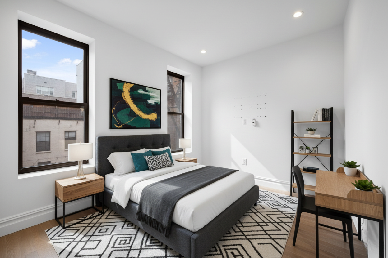 142 Sullivan Street, Unit 14 Manhattan, NY 10012 - Photo 2 of 10 a bedroom with a bed a bookshelf and a large window
