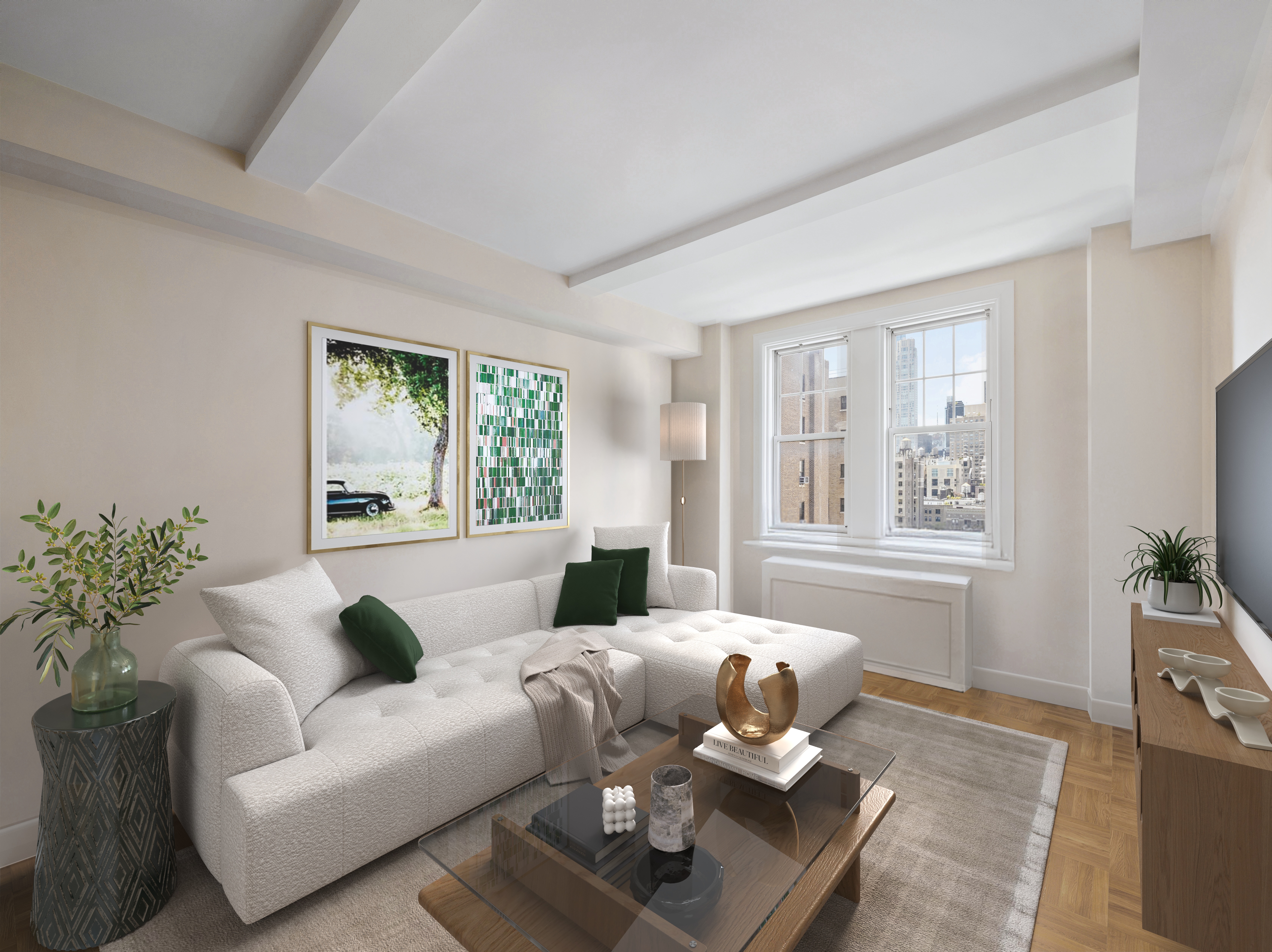 a living room with furniture and a large window