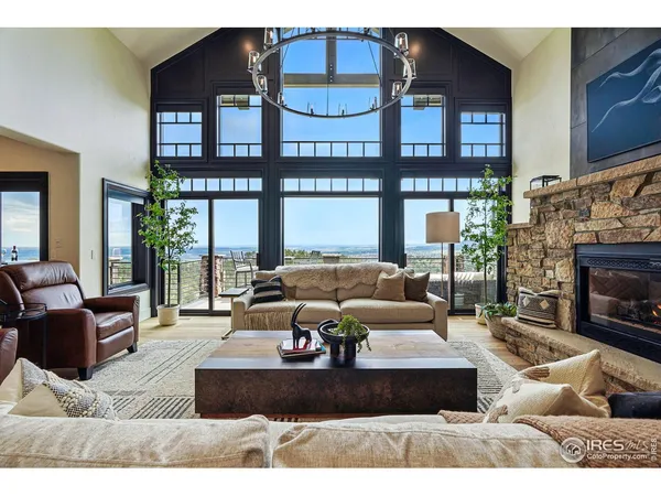 a living room with furniture fireplace and outdoor view