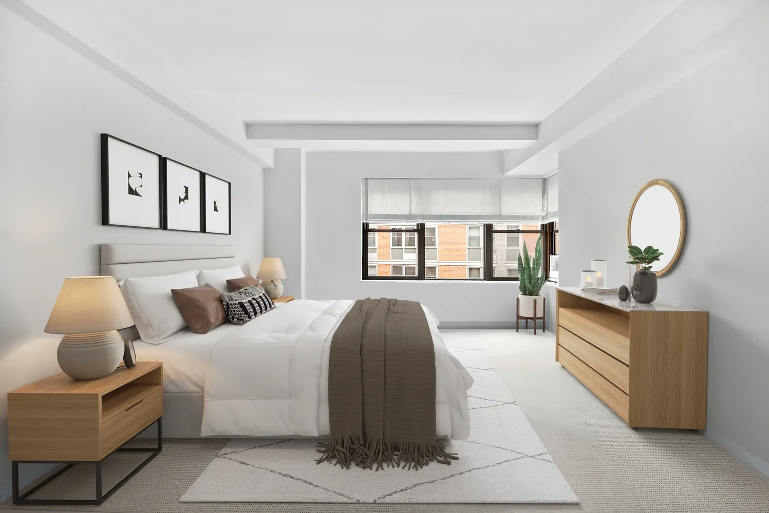 a bedroom with a bed couch and window