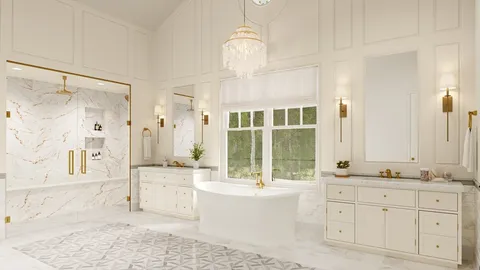 a spacious bathroom with a tub sink shower and mirror
