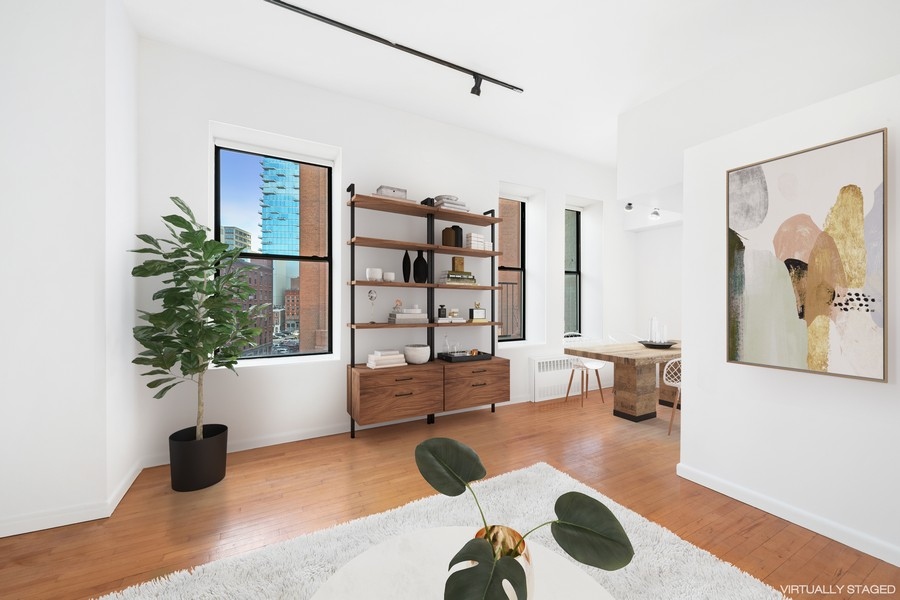 a living room with furniture and a potted plant