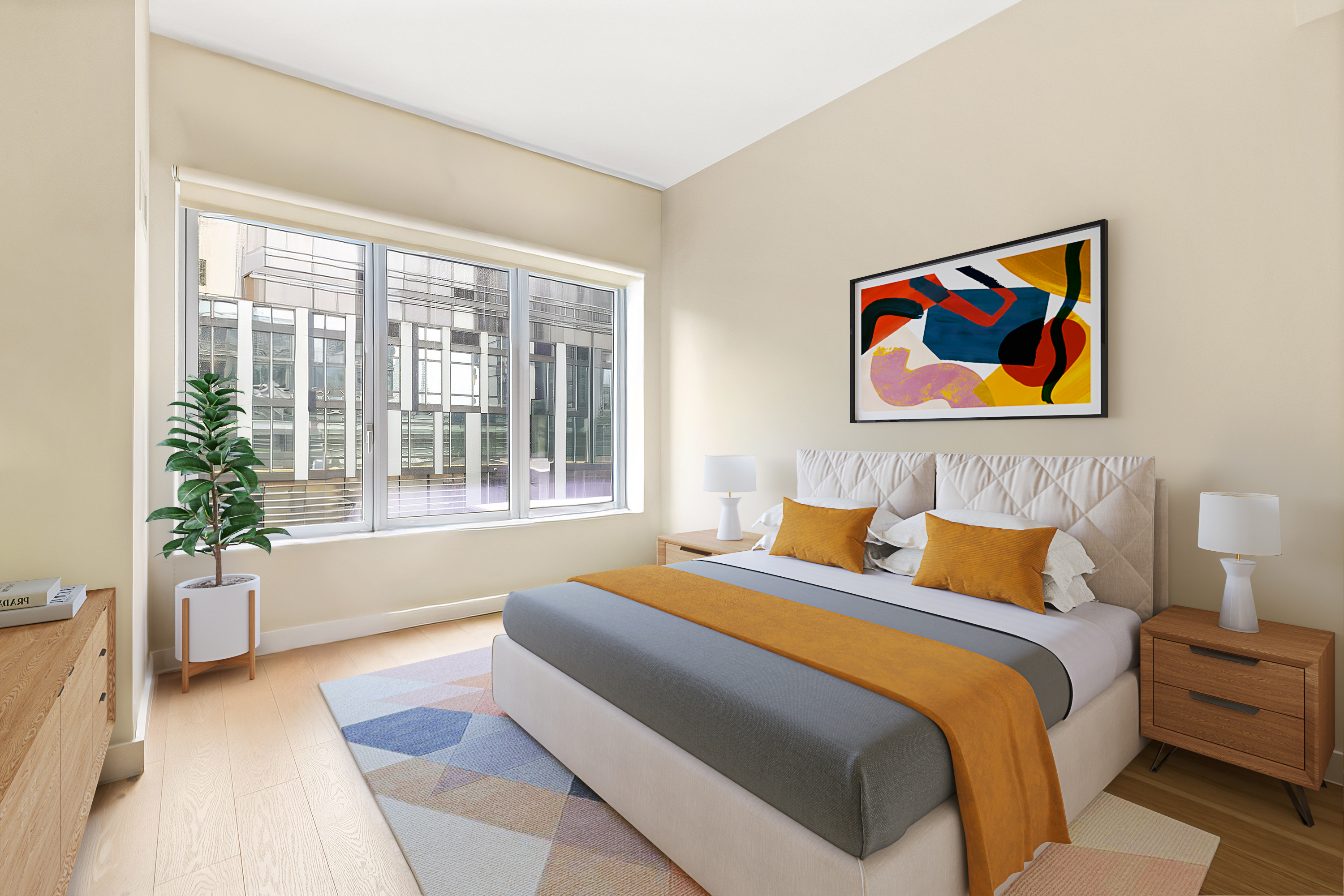 2 Northside Piers, Unit 2I Brooklyn, NY 11249 - Photo 4 of 12 a bedroom with bed and a couch