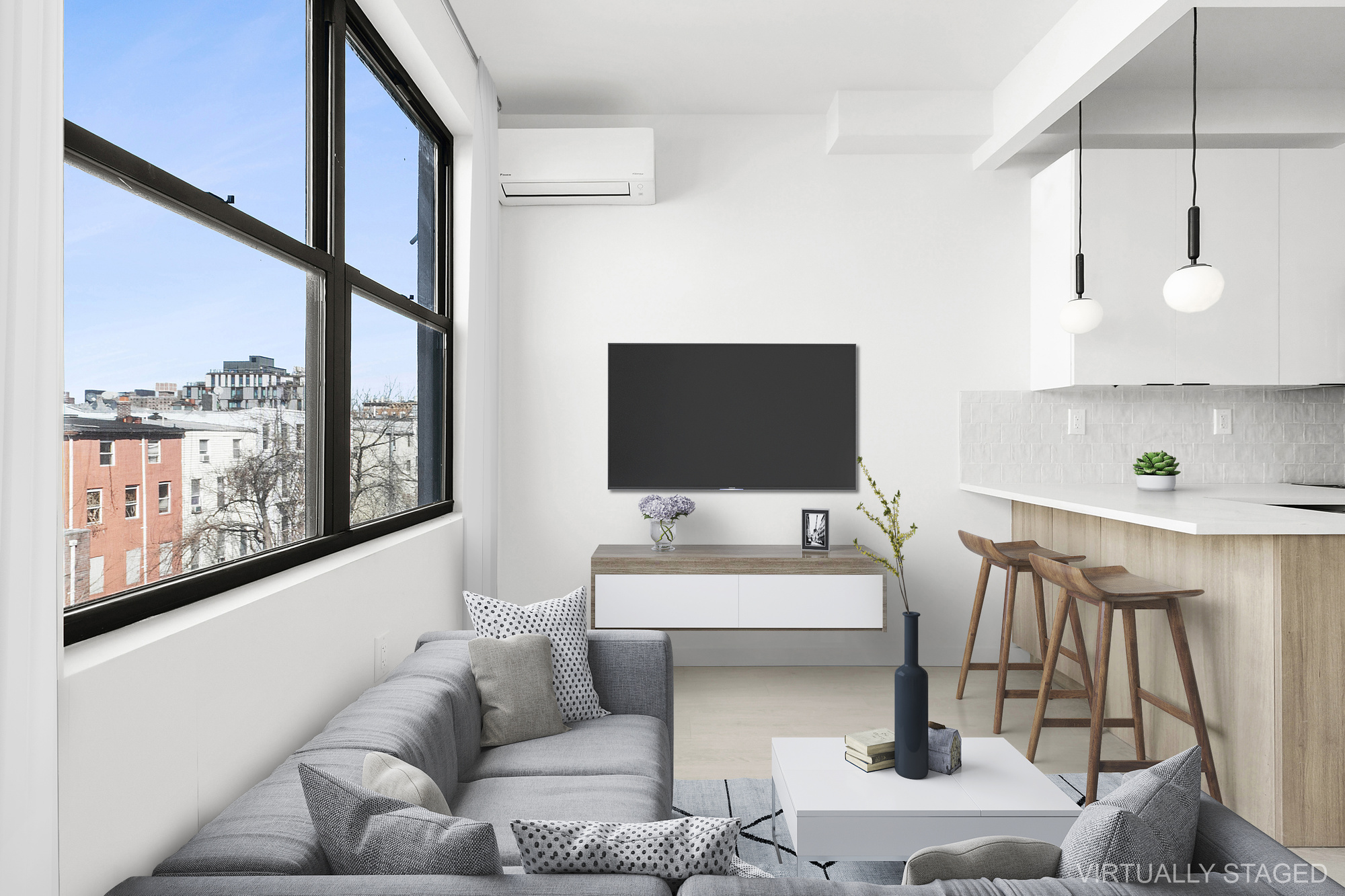 647 Dekalb Avenue, Unit 4B Brooklyn, NY 11216 - Photo 3 of 8 a living room with furniture and a flat screen tv