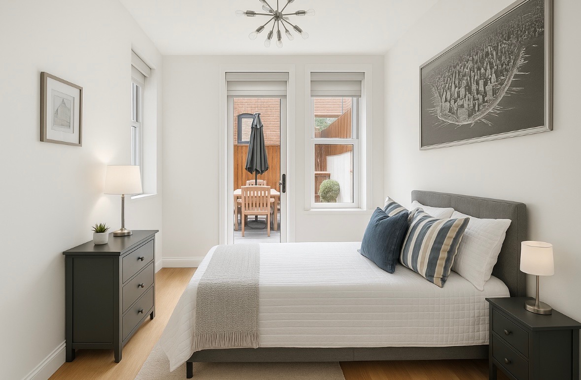 24 West 70th Street, Unit 1 Manhattan, NY 10023 - Photo 6 of 15 a bedroom with a bed and a chandelier