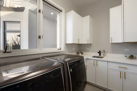 an aerial view of a house with garden space