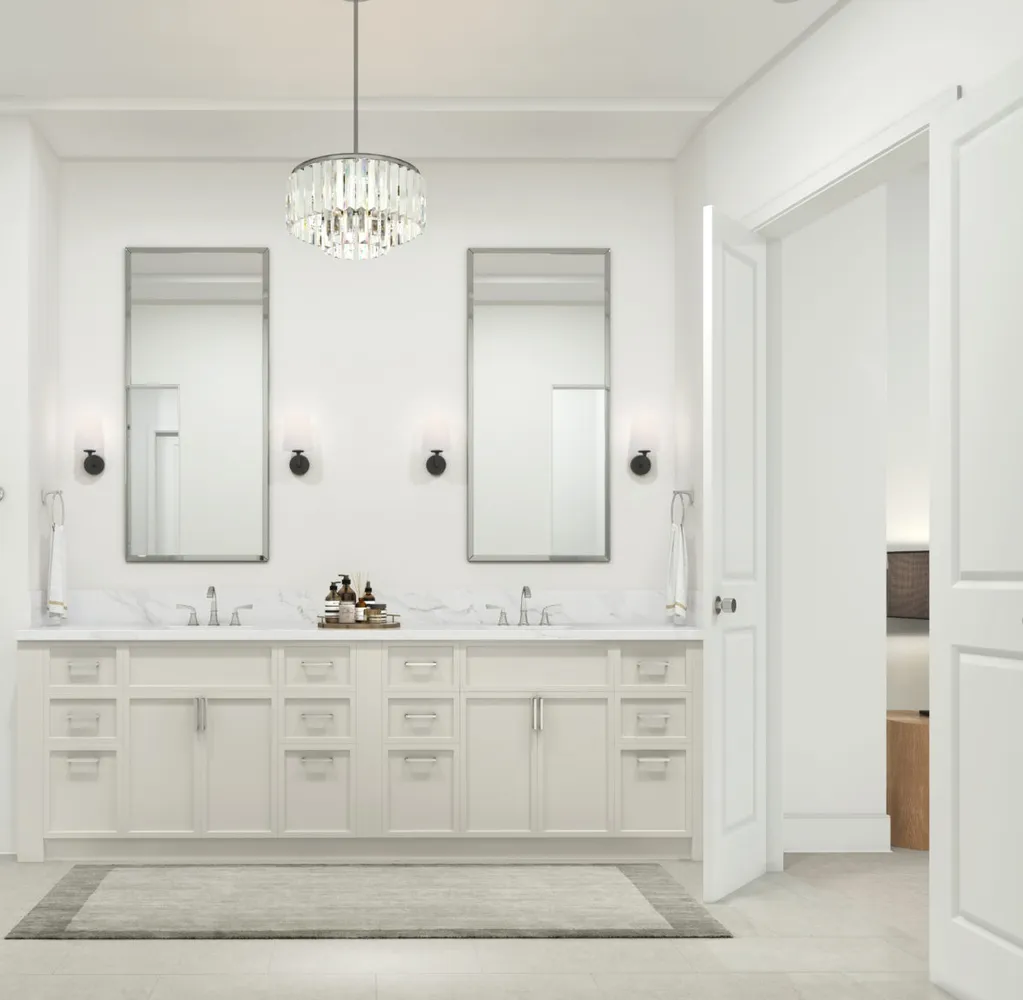a bathroom with a sink vanity and a mirror