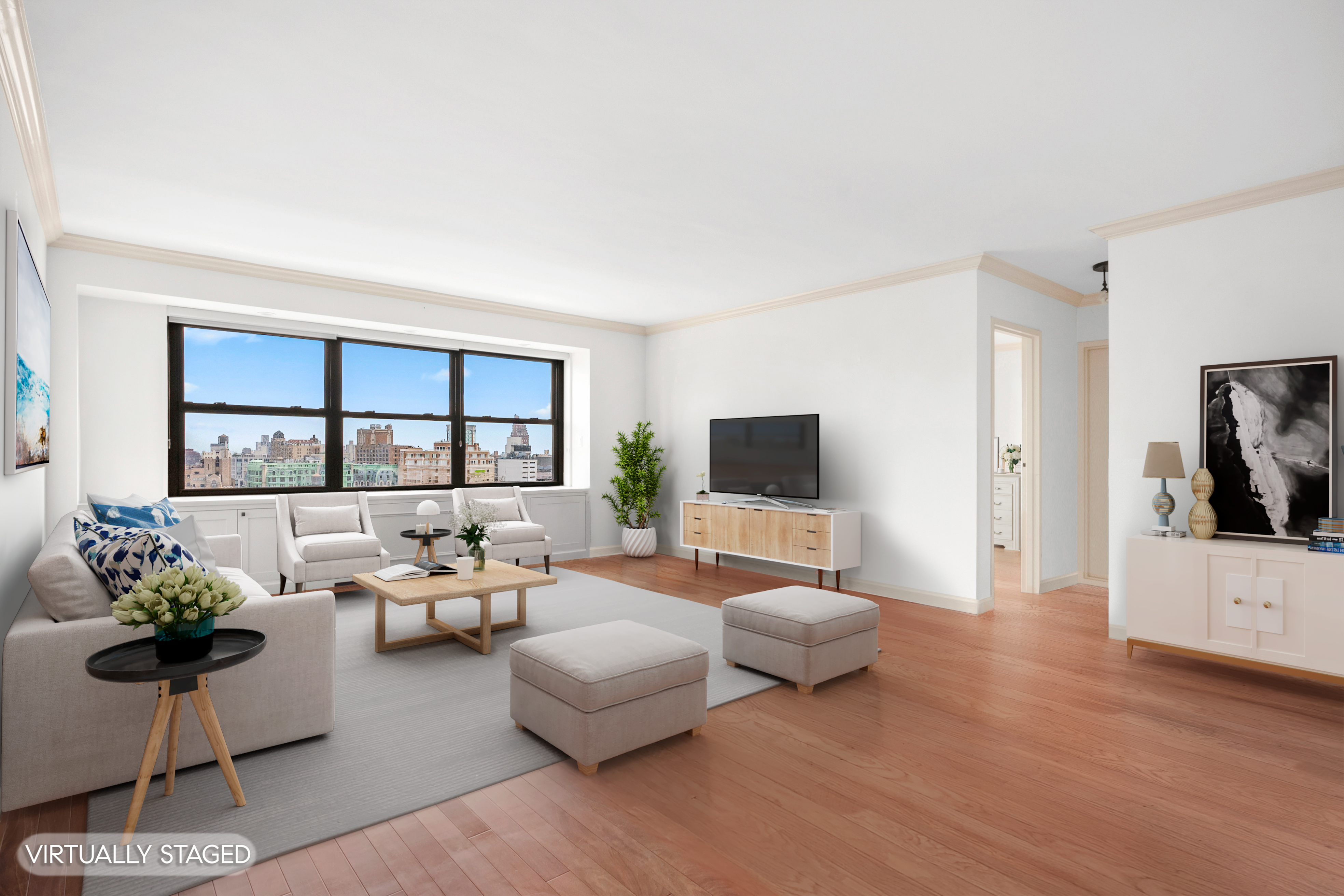 180 West End Avenue, Unit 28S Manhattan, NY 10023 - Photo 2 of 10 a living room with furniture or couch and a flat screen tv