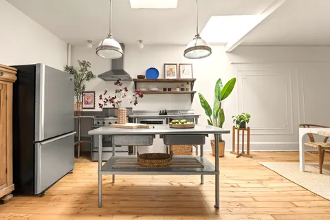 a kitchen with stainless steel appliances granite countertop a table chairs and a refrigerator