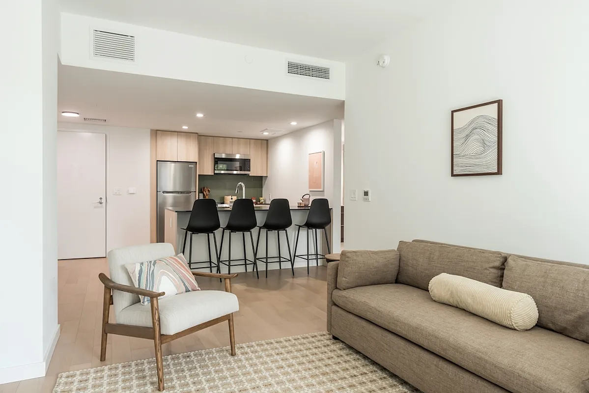975 Nostrand Avenue, Unit 241 Brooklyn, NY 11225 - Photo 6 of 18 a living room with furniture and a dining table with kitchen view