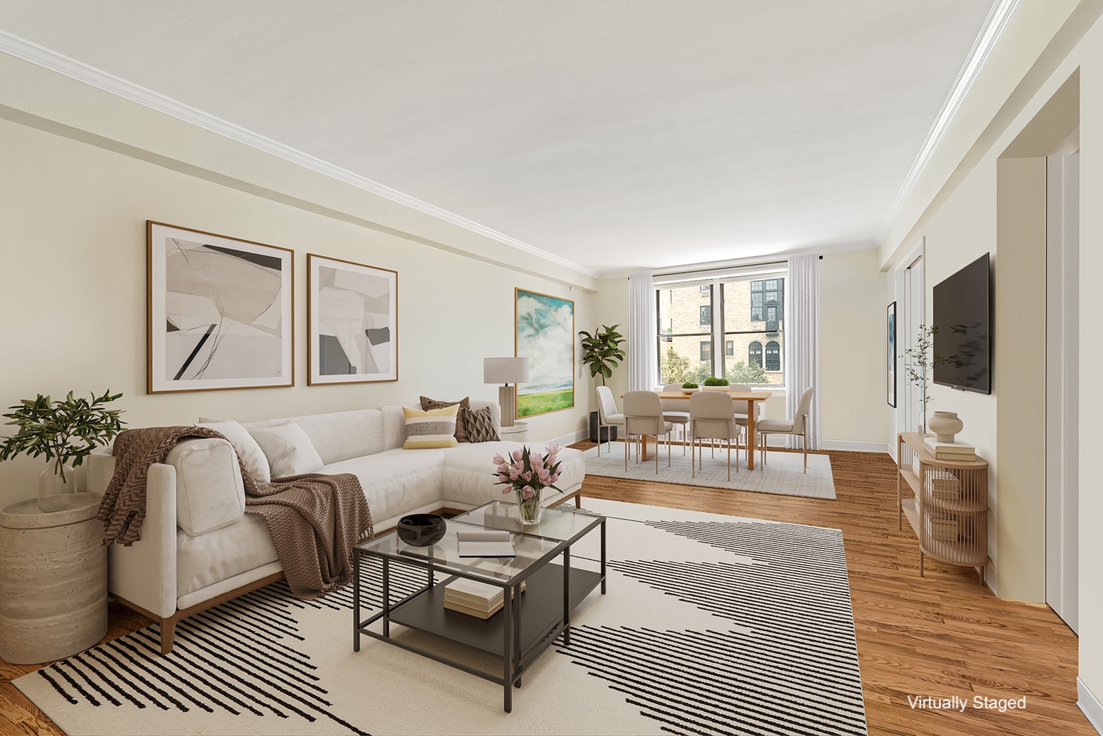 30 East 9th Street, Unit 5M Manhattan, NY 10003 - Photo 1 of 10 a living room with furniture a flat screen tv and a rug