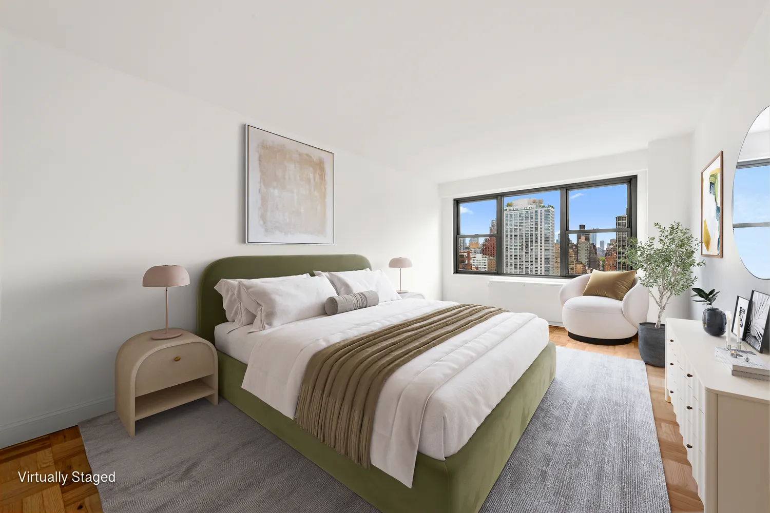 a bedroom with bed and a large window