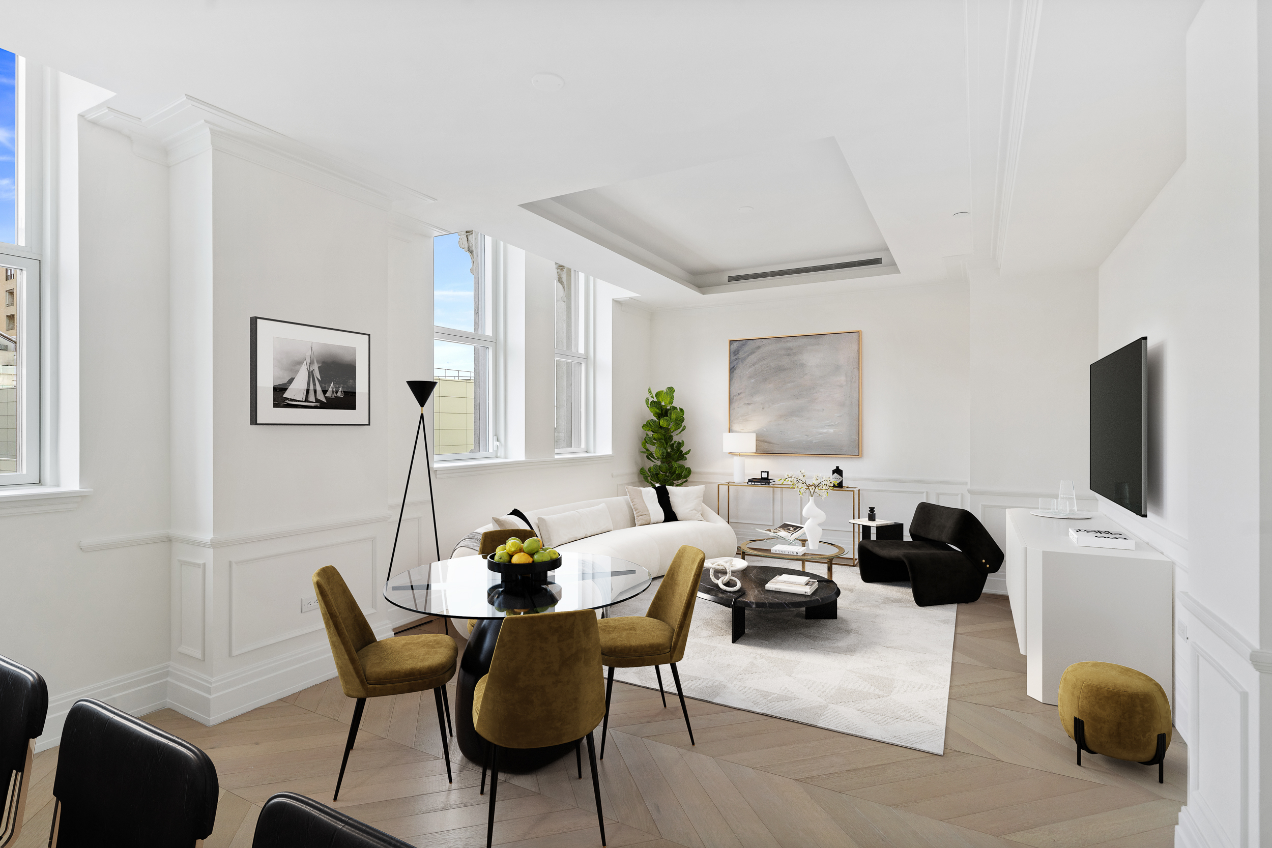 108 Leonard Street, Unit 12F Manhattan, NY 10013 - Photo 2 of 15 a living room with furniture and a flat screen tv