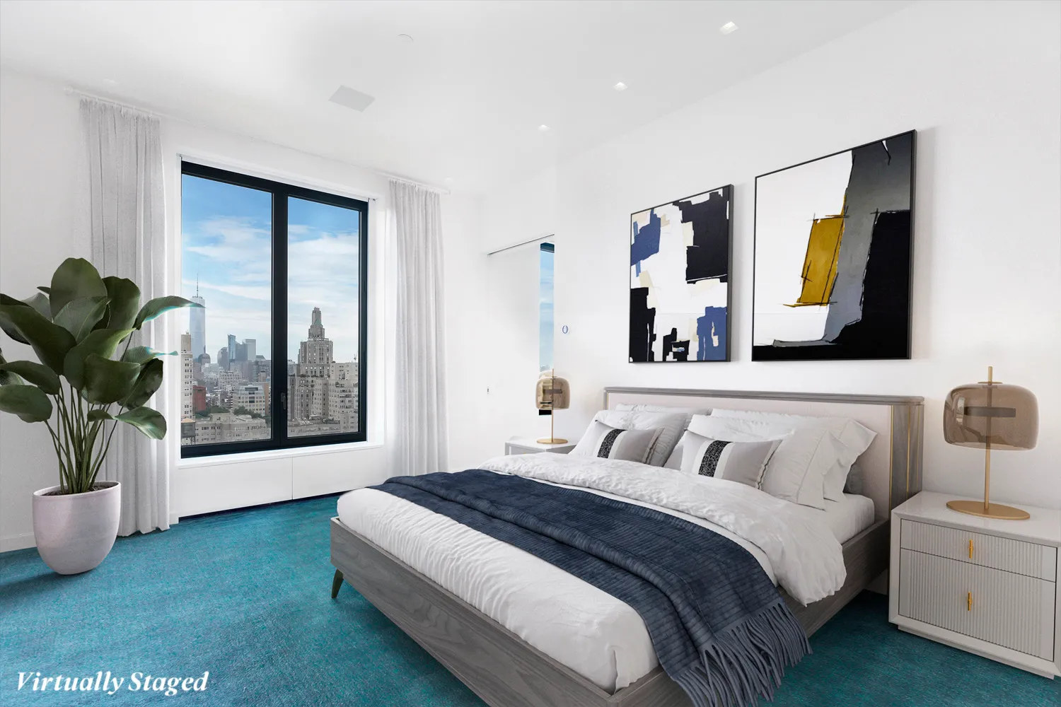 a bedroom with a bed and a large mirror