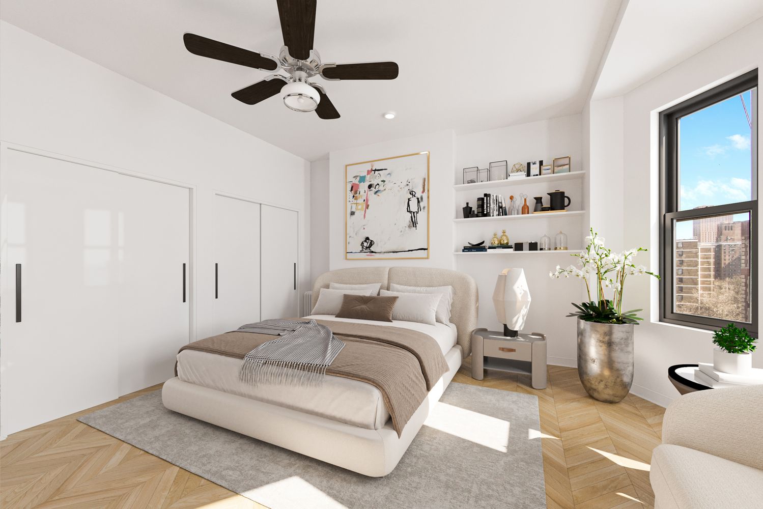 a bedroom with a large bed couch and a window