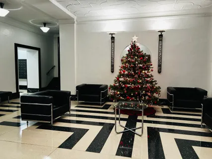 a living room with chairs and a potted plant