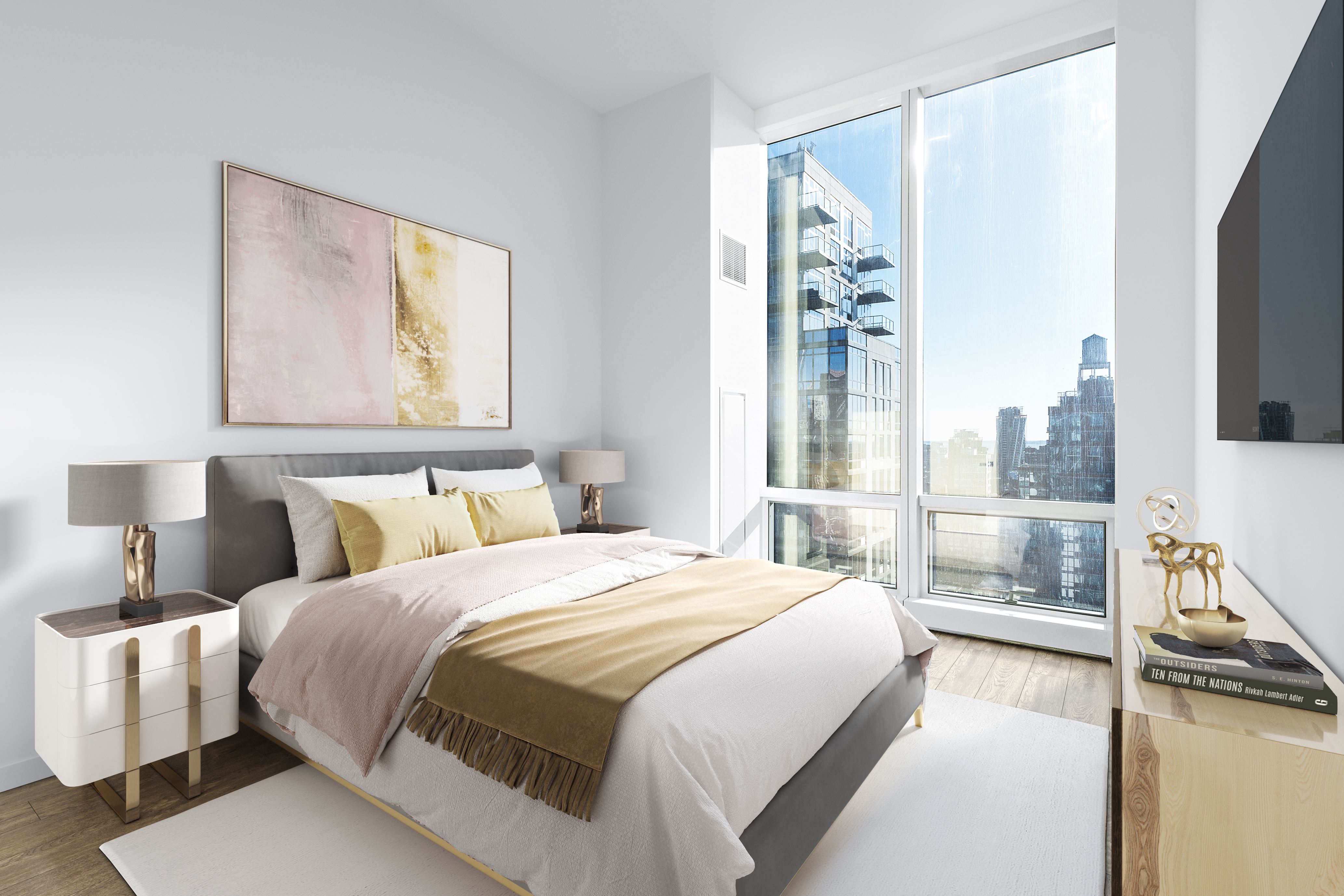 15 Hudson Yards, Unit 26C Manhattan, NY 10001 - Photo 6 of 8 a bedroom with a large bed and a flat tv screen on dresser