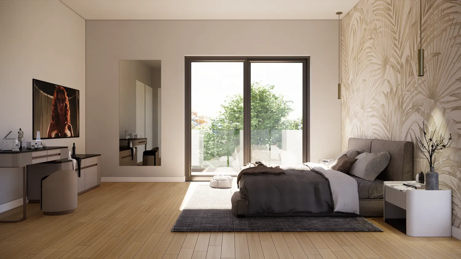 a spacious bedroom with a large bed and a large window